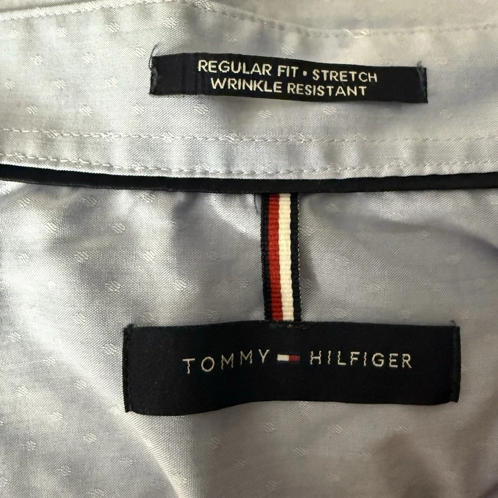 Tommy Hilfiger Mens Blue Dress Shirt Regular Fit Stretch Wrinkle Resistant LARGE